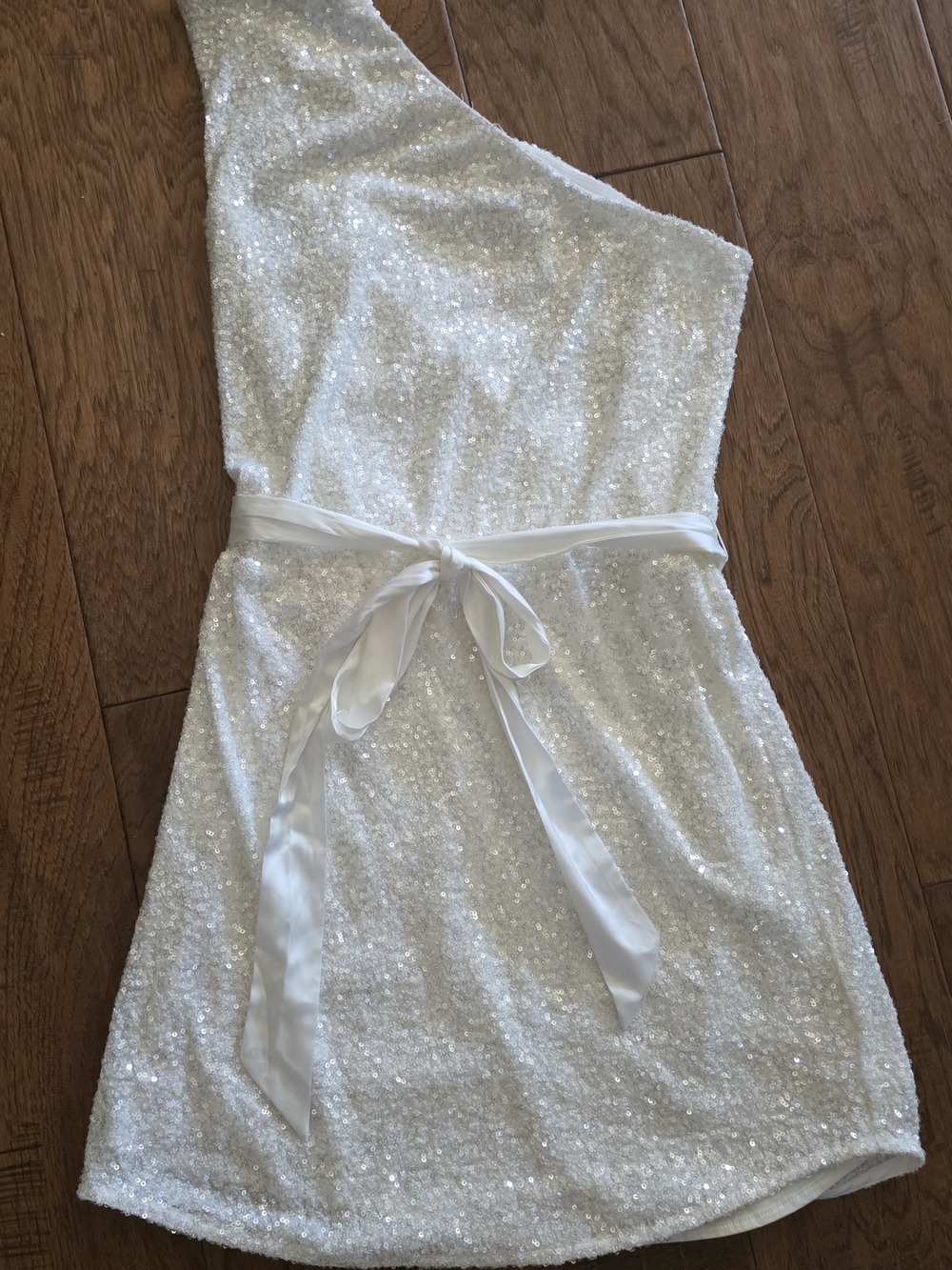 Heartloom One-Shoulder White Sequin Party Dress with Satin Sash